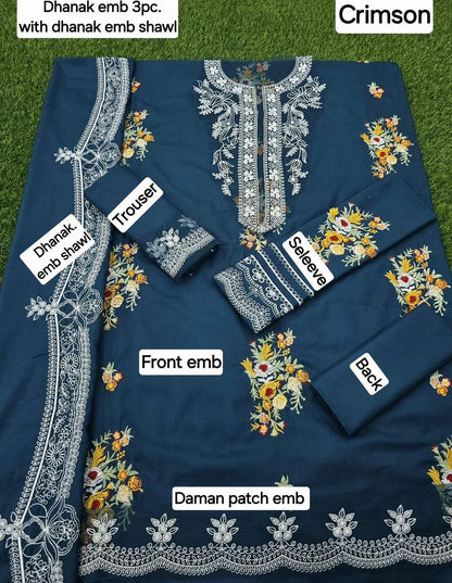 3 Pcs Women's Unstitched Embroidered Suit