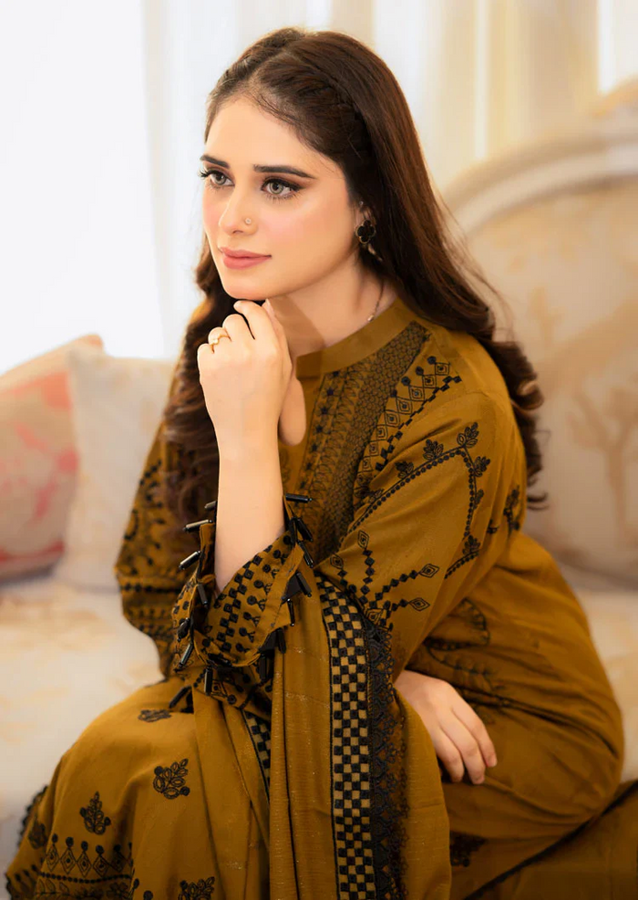 LIBAAS-3PC DHANAK EMBROIDERED SHIRT WITH DHANAK EMBROIDERED SHAWL & EMB TROUSER-BIC -