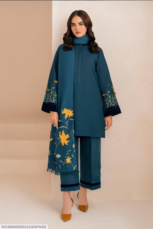 LIBAAS-3PC DHANAK EMBROIDERED SHIRT WITH DHANAK EMBROIDERED